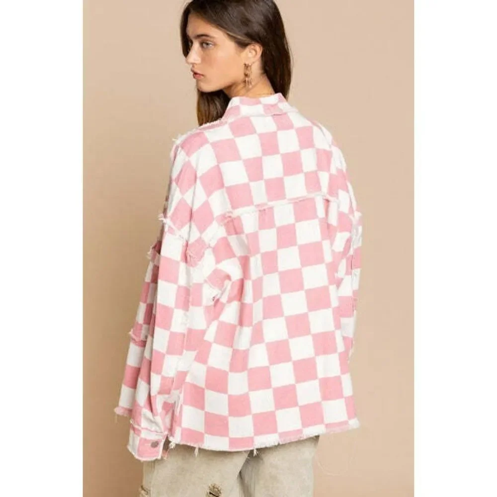 POL Clothing Pink and White Denim Checkered Race Check Shacket New S-L YWT7 - Picture 8 of 8